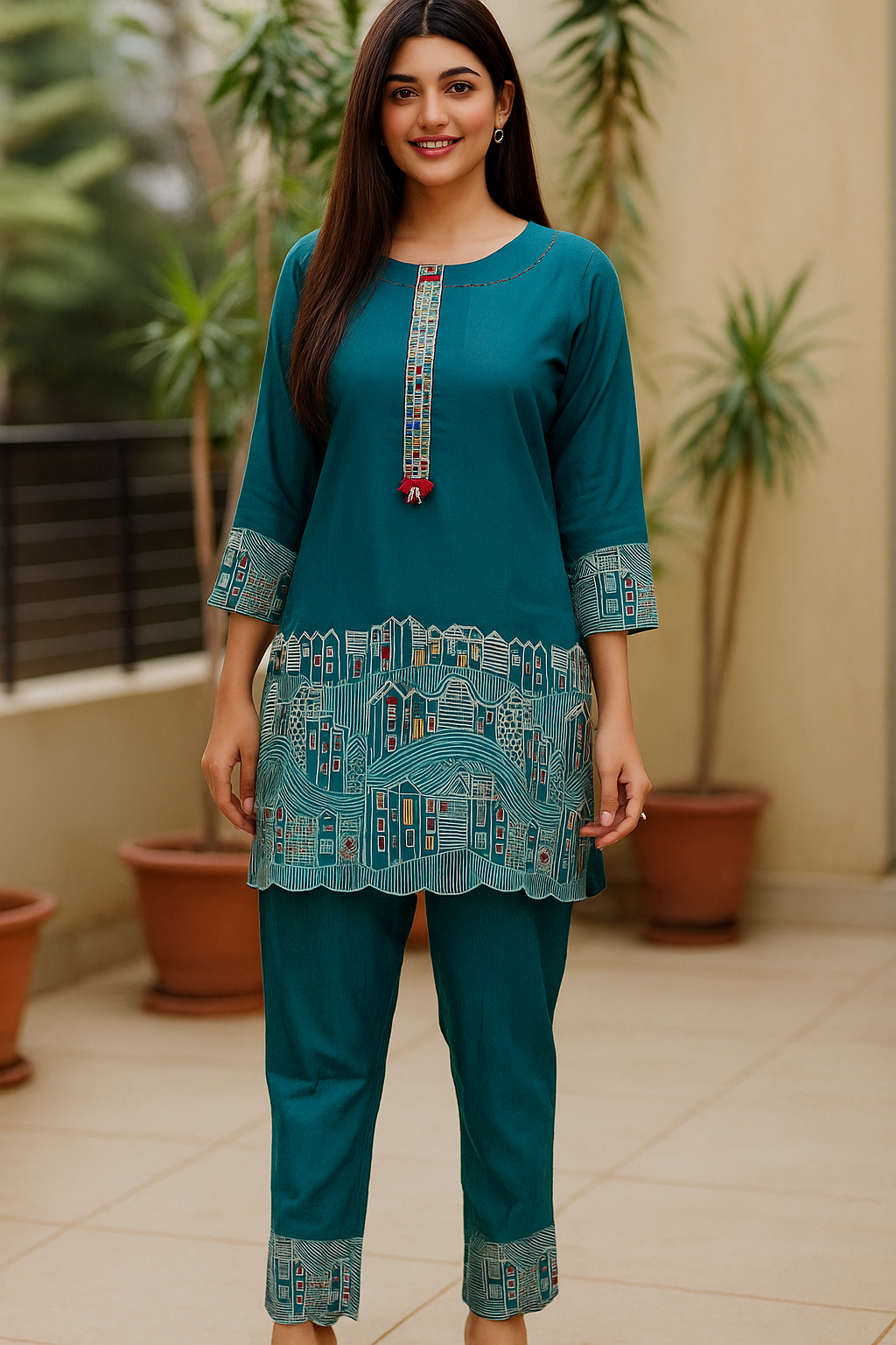 Teal Cotton Co-ord Set with Artistic House Print & Embroidered Tassel Detailing – Kurti & Straight Pants