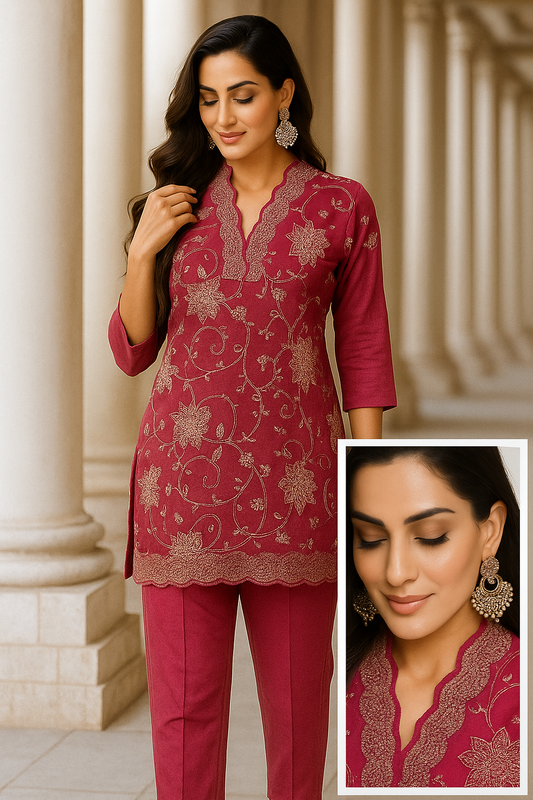 magenta embroidered kurta set