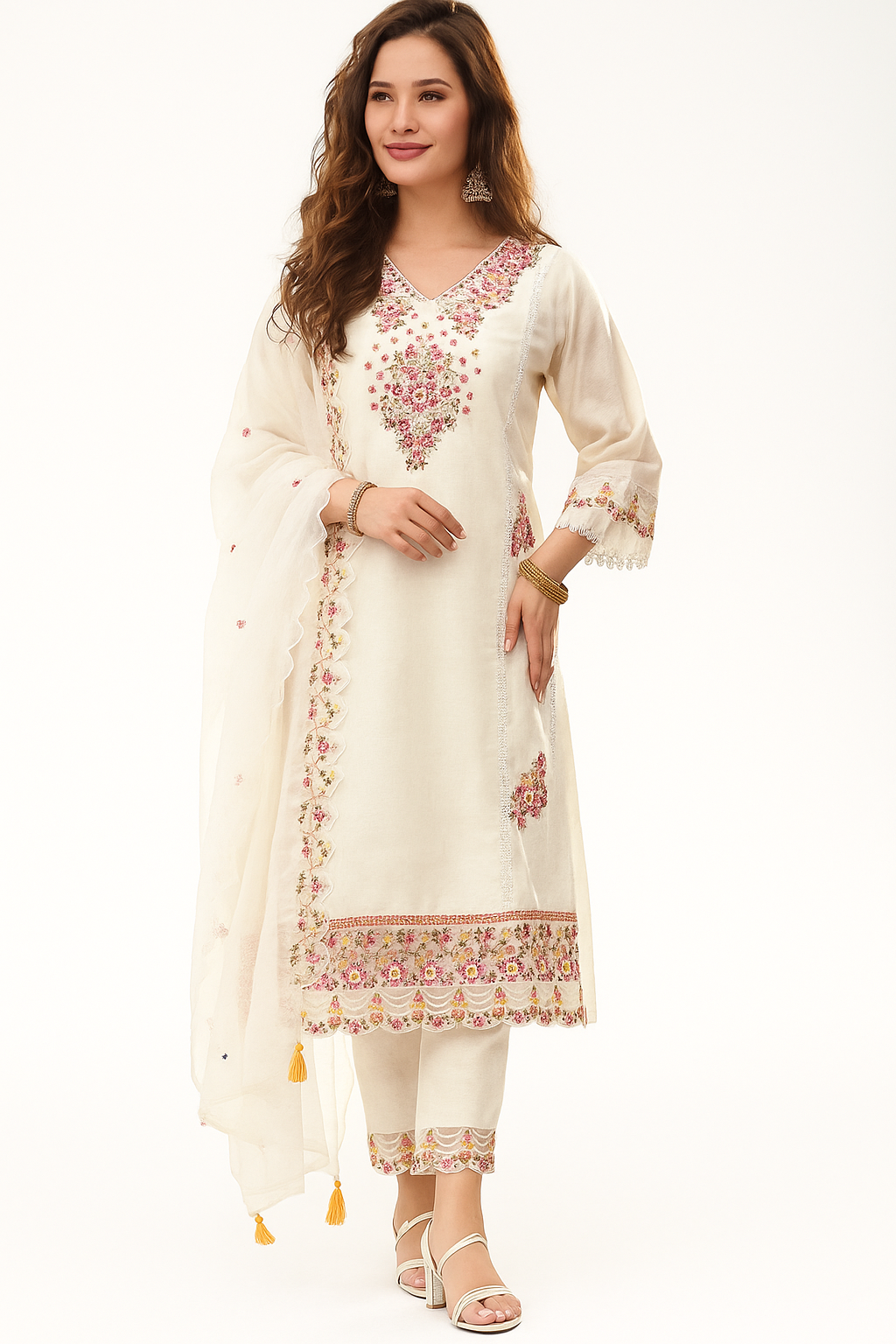 “Elegant Yellow Embroidered Kurta, Pant & Dupatta Set for Festive Occasions”