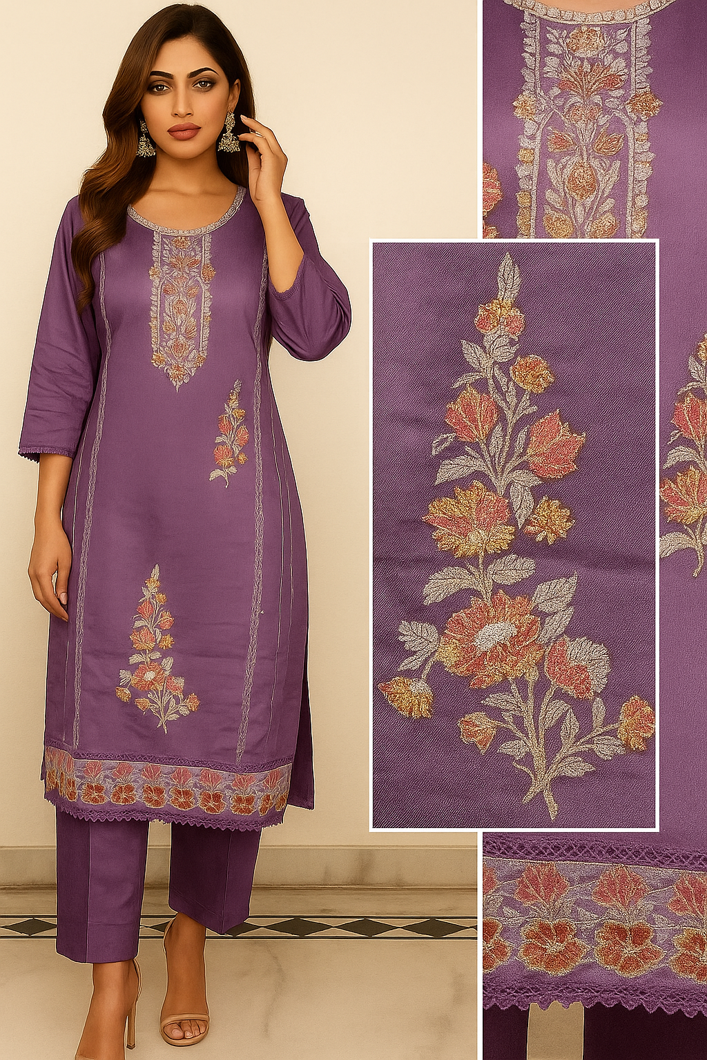 lavender embroidered kurta set