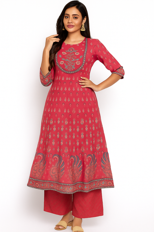 Elegant Red Printed Anarkali Kurti with Palazzo Set