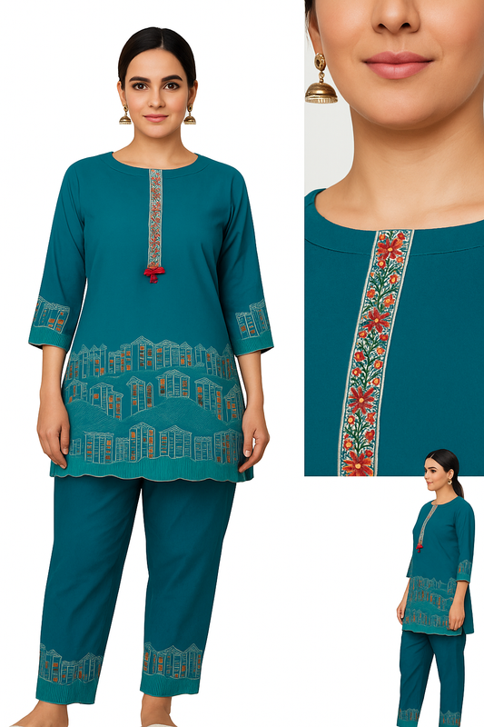 Teal Cotton Co-ord Set with Artistic House Print & Embroidered Tassel Detailing – Kurti & Straight Pants
