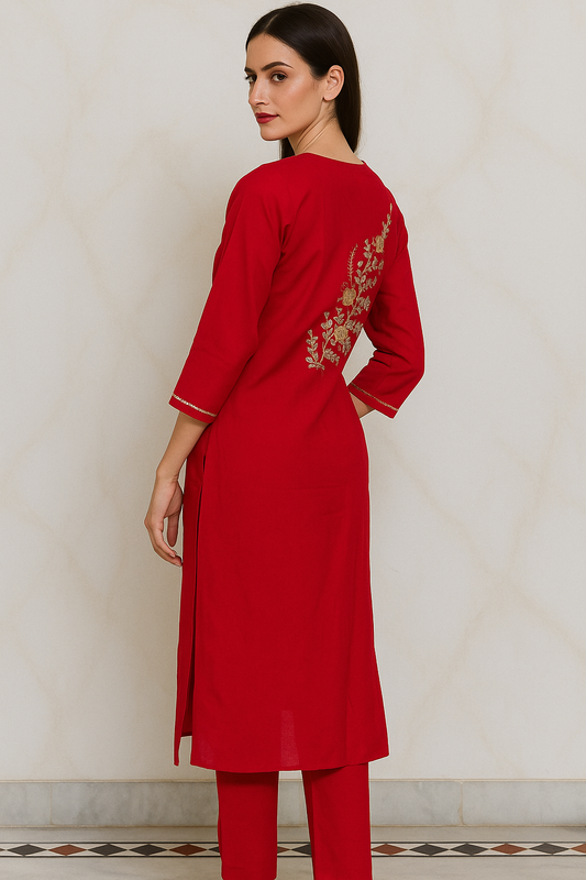 red embroidered kurta set with dupatta