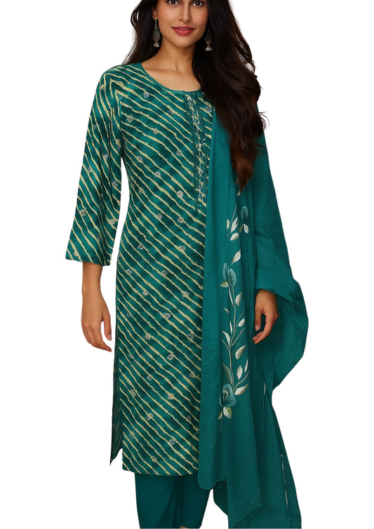 “Teal Green Bandhani-Style Kurta Set with Golden Stripes & Printed Dupatta”