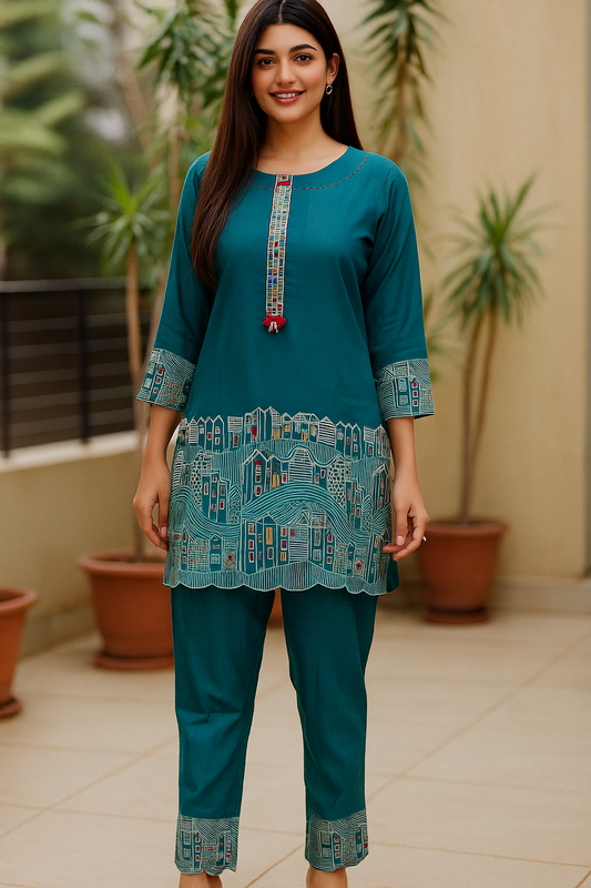 Teal Cotton Co-ord Set with Artistic House Print & Embroidered Tassel Detailing – Kurti & Straight Pants