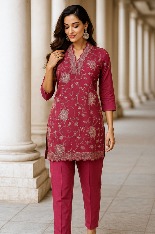 magenta embroidered kurta set