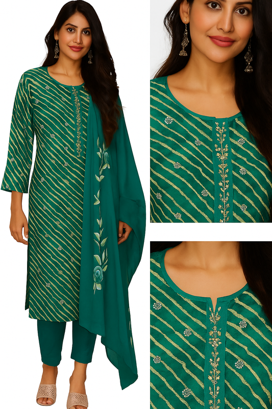 “Teal Green Bandhani-Style Kurta Set with Golden Stripes & Printed Dupatta”