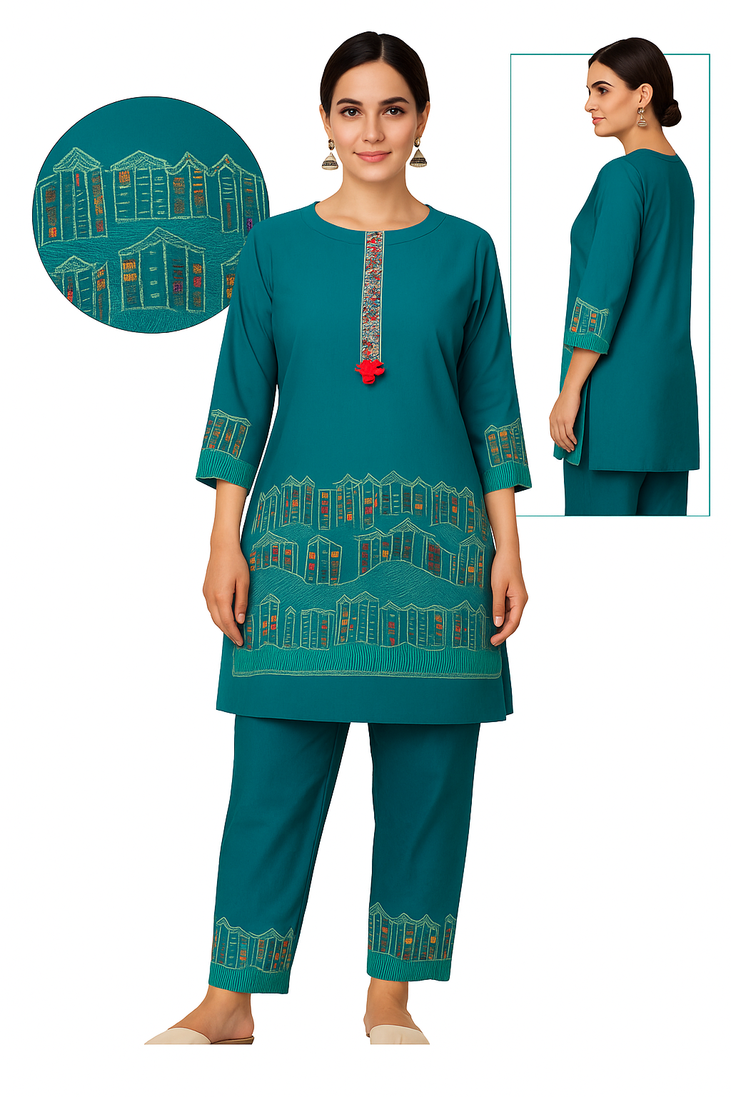 Teal Cotton Co-ord Set with Artistic House Print & Embroidered Tassel Detailing – Kurti & Straight Pants