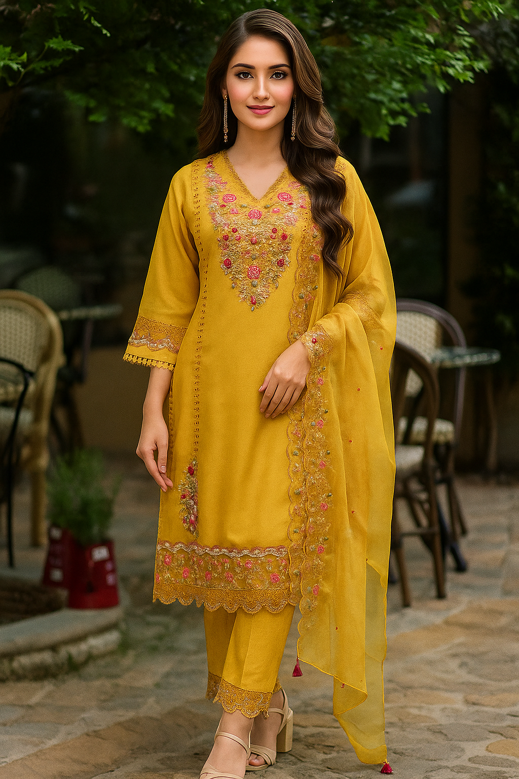 “Elegant Yellow Embroidered Kurta, Pant & Dupatta Set for Festive Occasions”