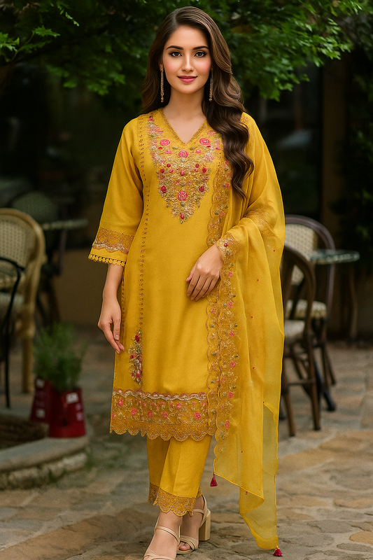 “Elegant Yellow Embroidered Kurta, Pant & Dupatta Set for Festive Occasions”