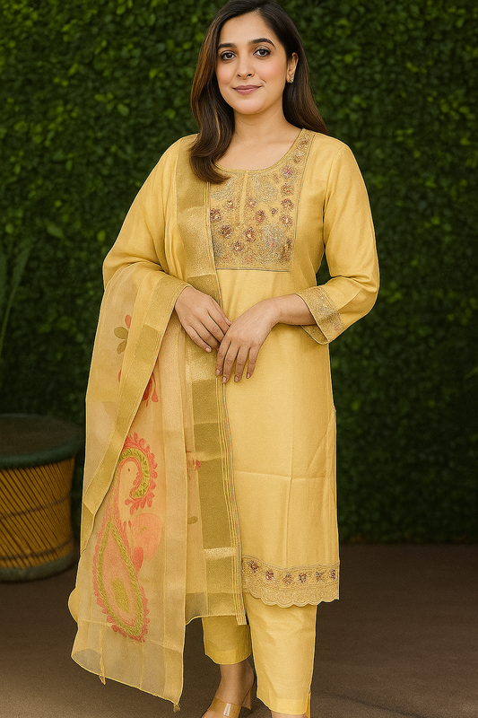 mustard yellow embroidered kurta set with dupatta