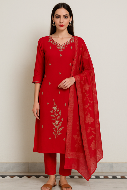 red embroidered kurta set with dupatta